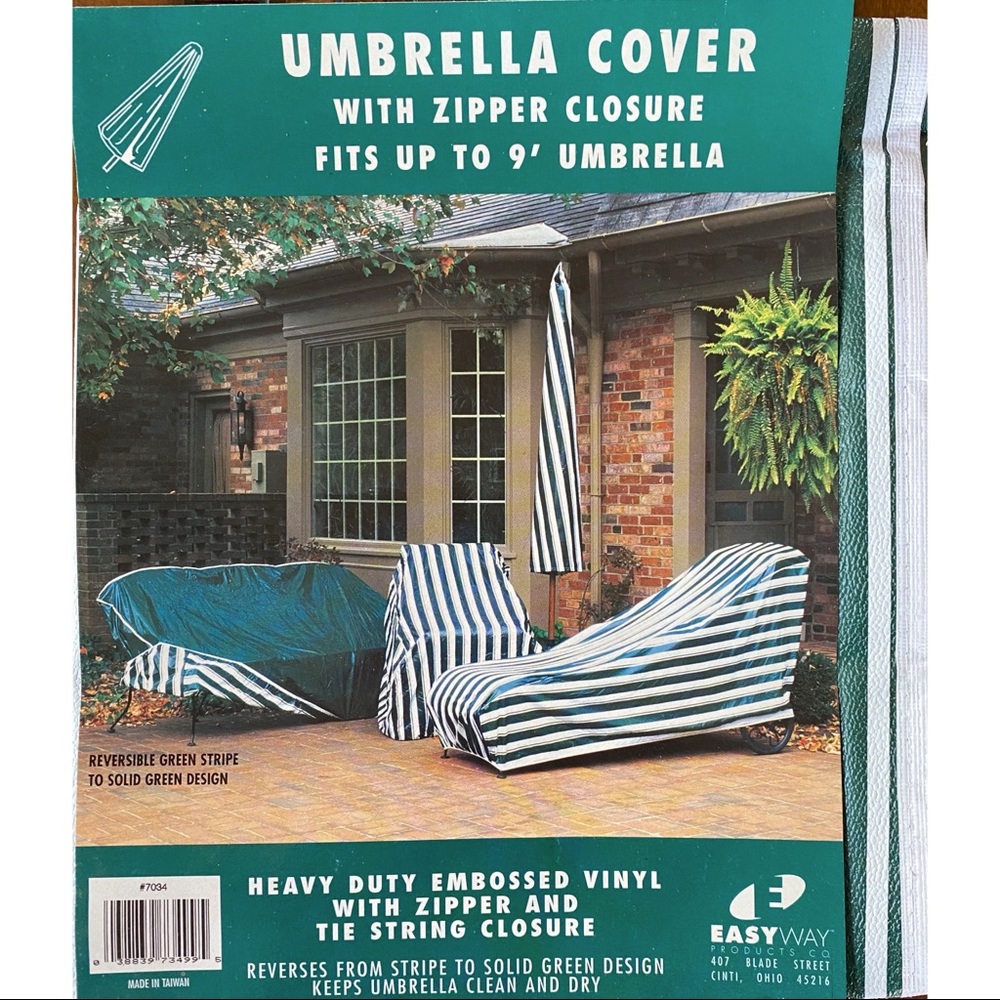 Heavy Duty Vinyl Umbrella Cover, Zipper & String Closure, fits up to 9’ Umbrella